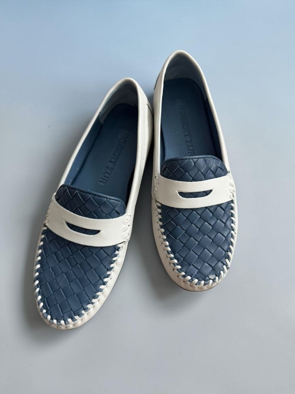 ROBERT ZUR Blue White Leather Loafers Flats Size 6.5